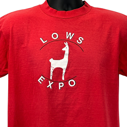Vintage red Llama Alpaca T-shirt featuring a white logo on the front with 'LOWS EXPO'.