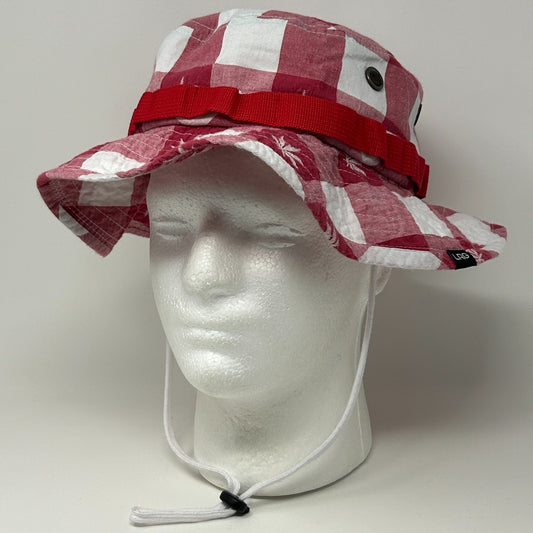 LRG Hat in red and white checkered pattern with an adjustable red strap and chin cord