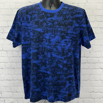 Blue LRG Lifted Research Group T-shirt with cityscape print, size large, front view showcasing logo detail.