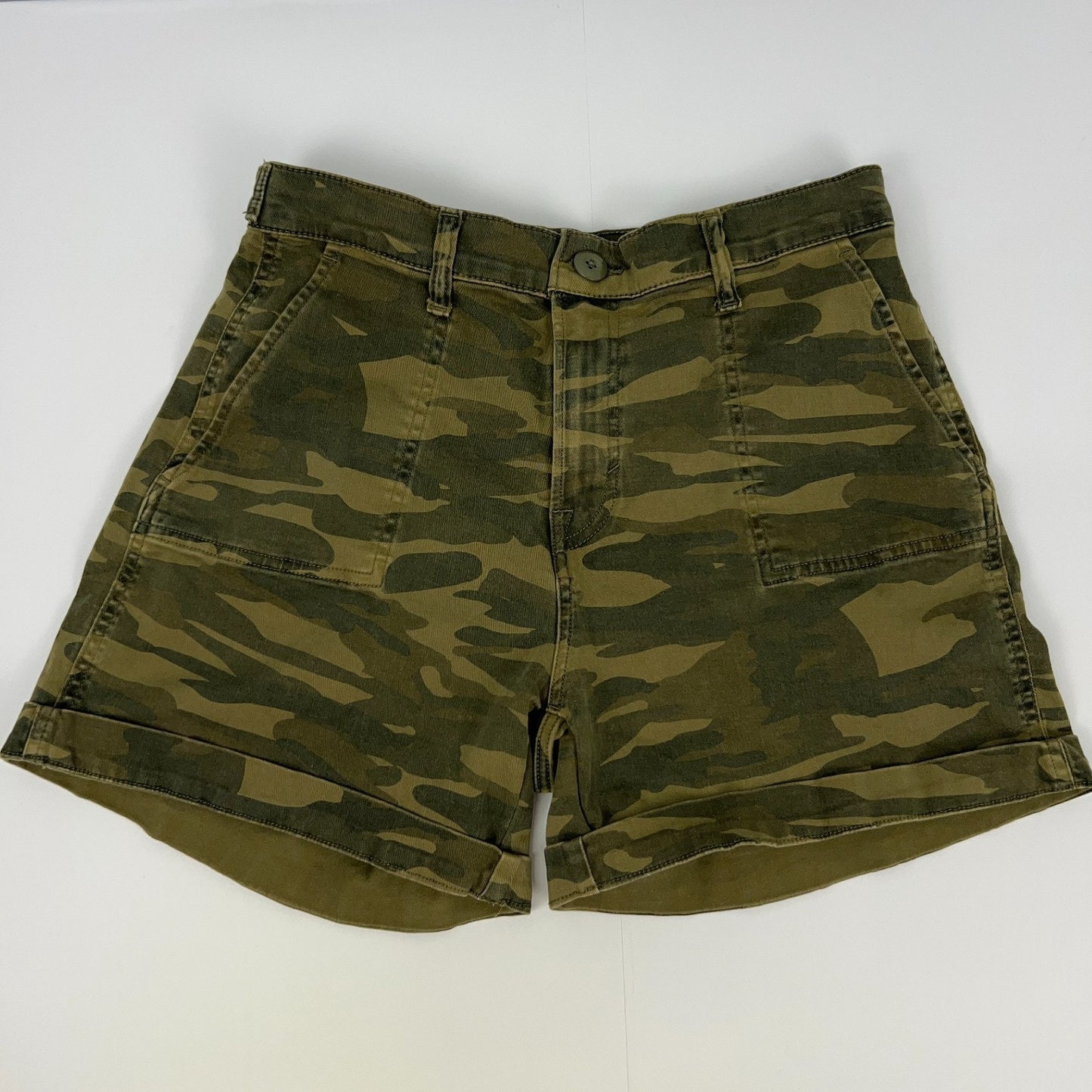 Lucky Brand camouflage shorts in green with a front view showing pockets and rolled hems