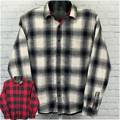 Lucky Brand plaid flannel shirt in black and white with a red check pattern and vintage styling