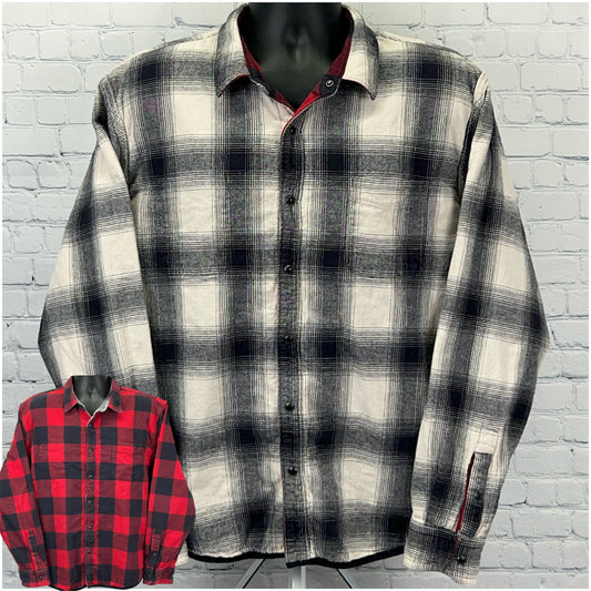 Lucky Brand plaid flannel shirt in black and white with a red check pattern and vintage styling