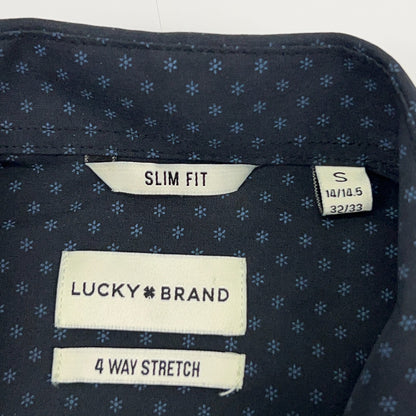 Lucky Brand long sleeve shirt in navy with a slim fit design, size S, showcasing 4-way stretch fabric
