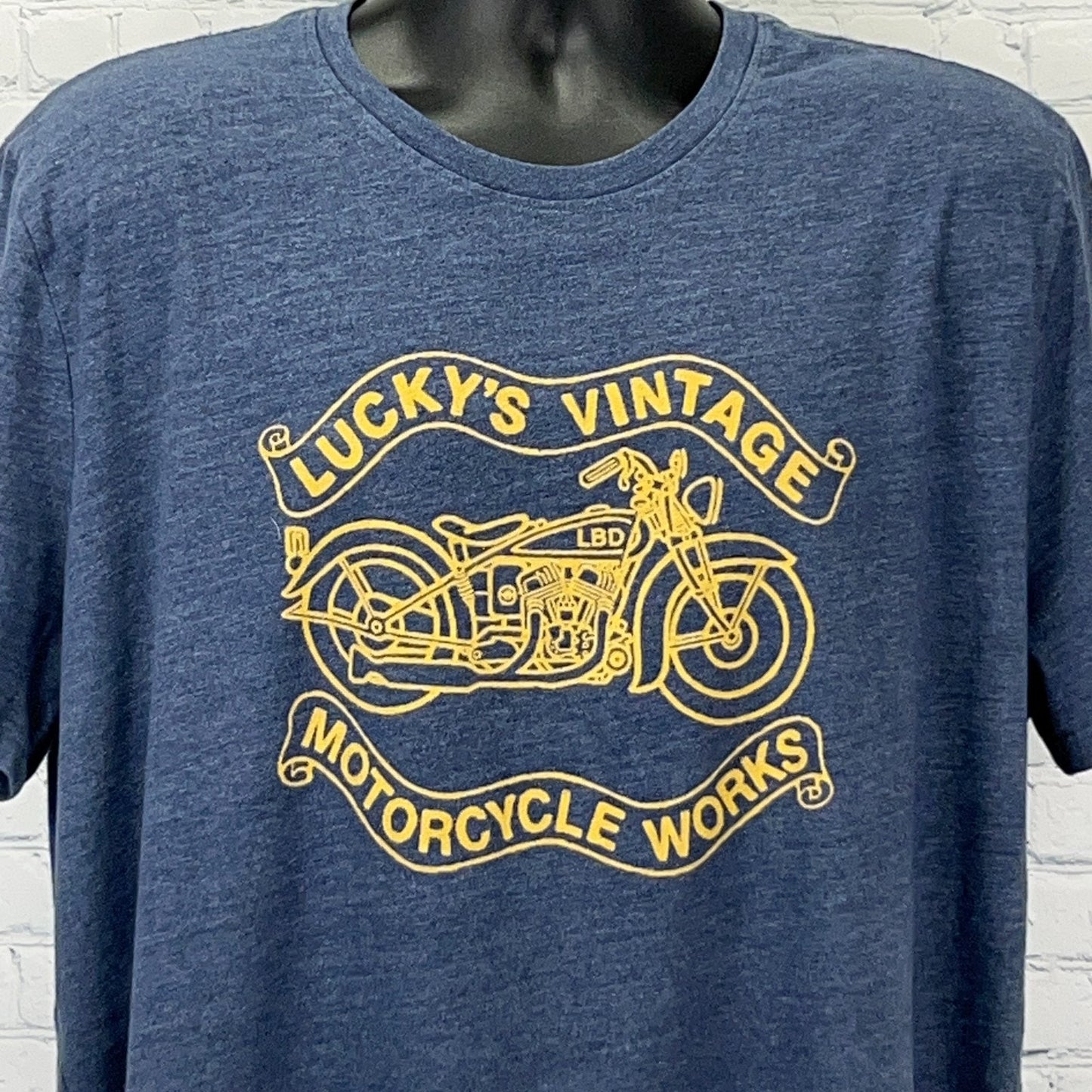 Lucky Brand Men's Blue T-Shirt with Lucky's Vintage Motorcycle Works Graphic on Front, Size 2XL