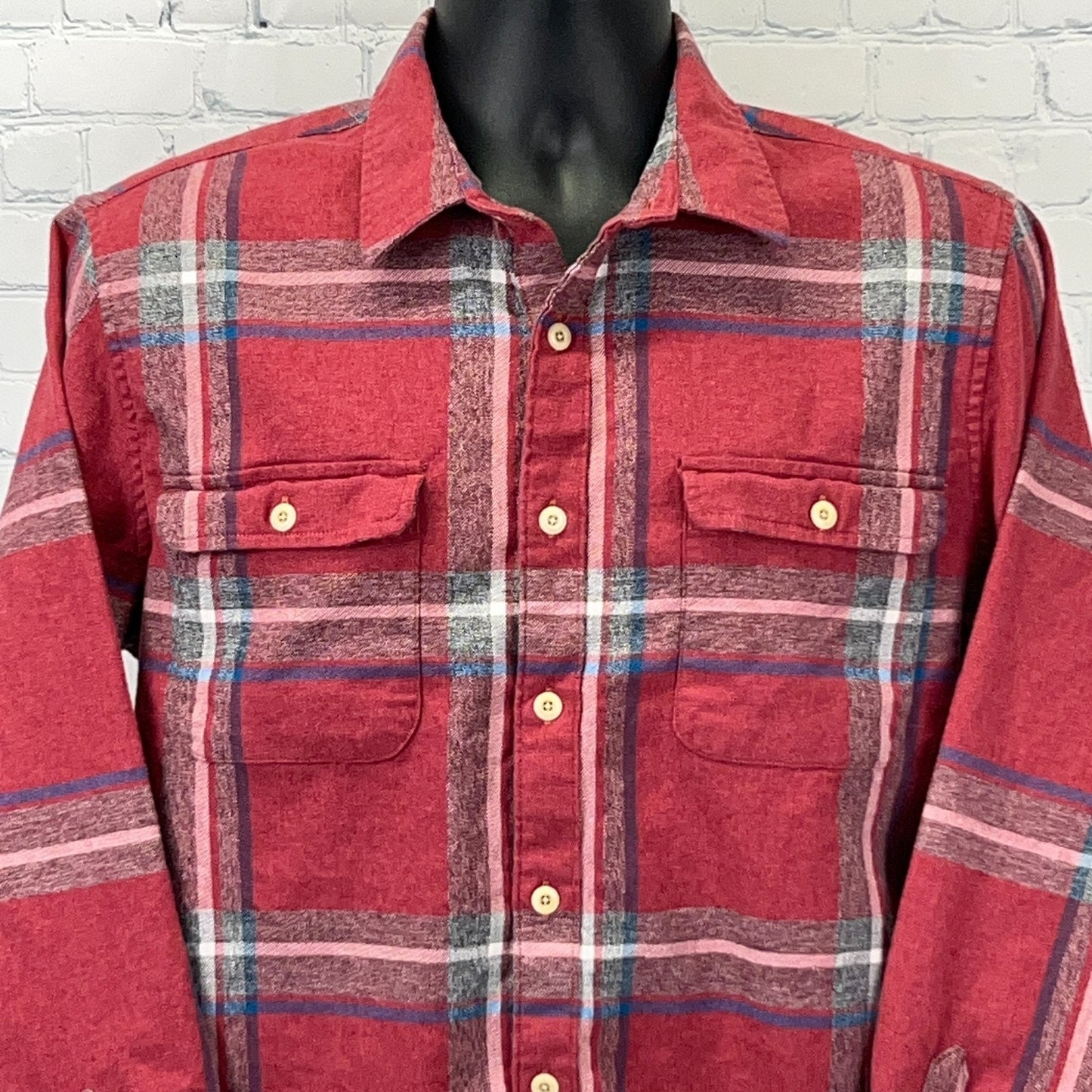 Lucky Brand Red Plaid Button-Up Shirt in Large with Front Pockets and Classic Fit
