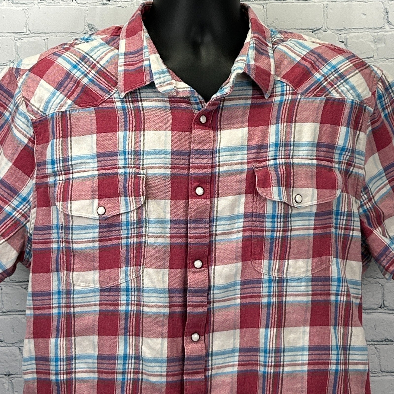 Lucky Brand Shirt in red and blue plaid, featuring button-down front and two chest pockets