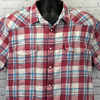 Lucky Brand Shirt in red and blue plaid, featuring button-down front and two chest pockets