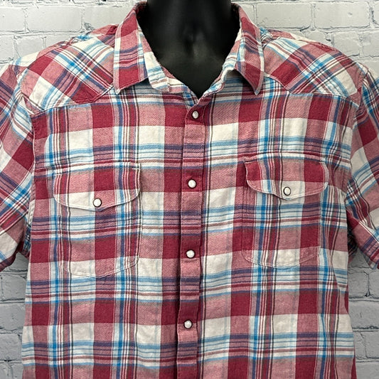 Lucky Brand Shirt in red and blue plaid, featuring button-down front and two chest pockets