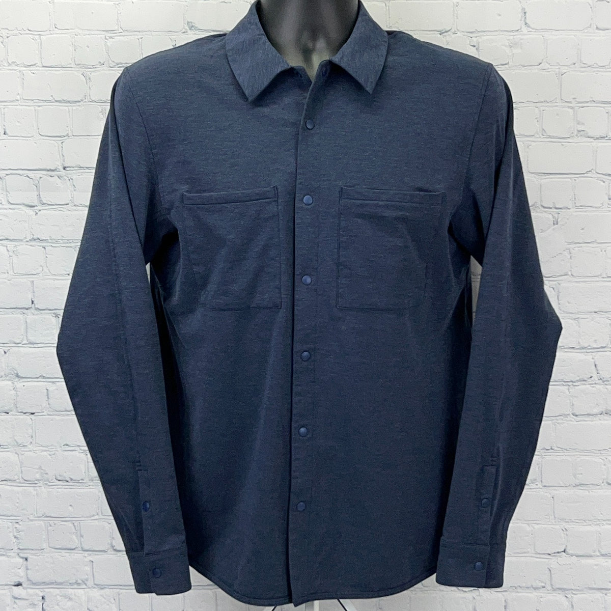 Lululemon Men's Navy Blue Long Sleeve Shirt with Two Front Pockets and Button Closure
