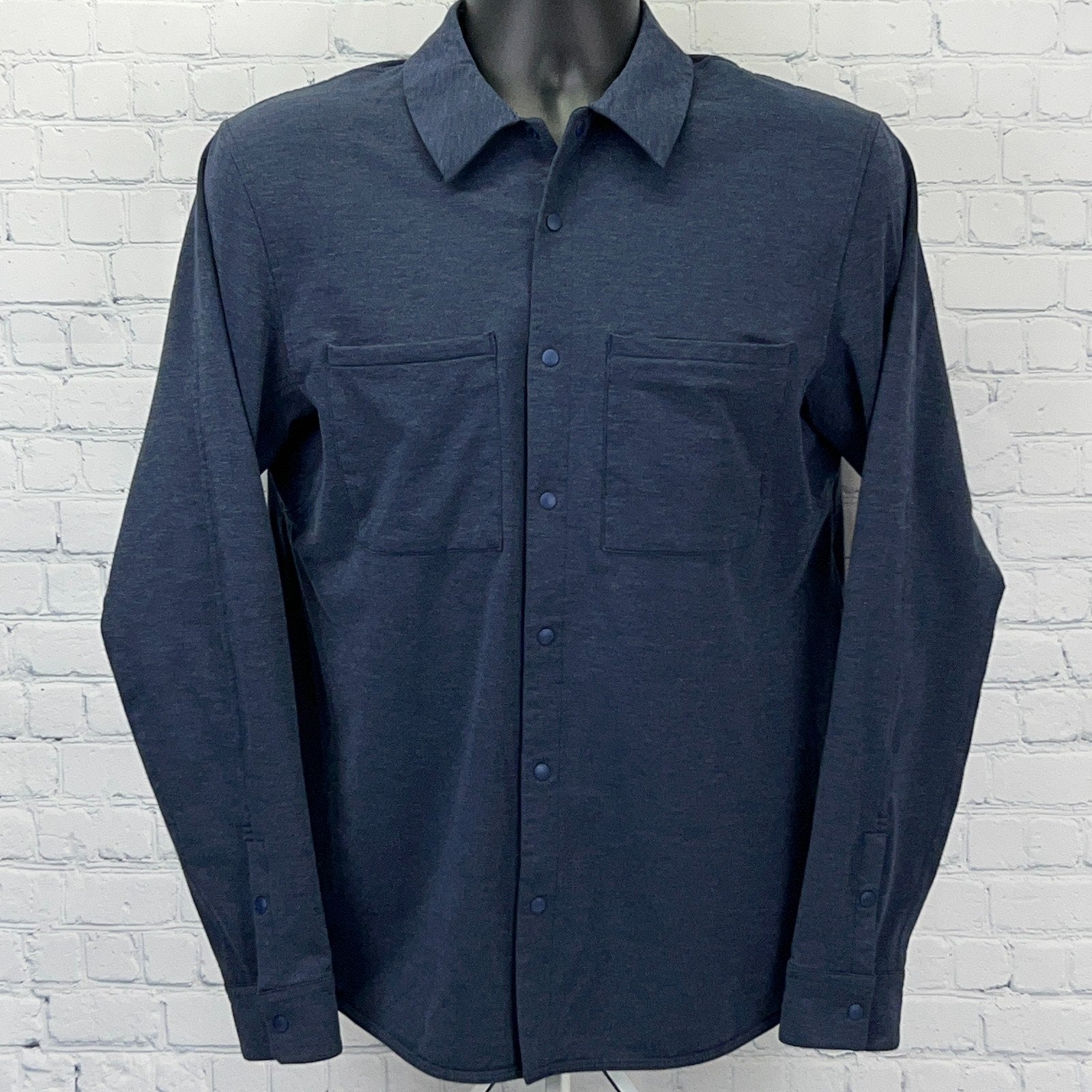 Lululemon Men's Navy Blue Long Sleeve Shirt with Two Front Pockets and Button Closure