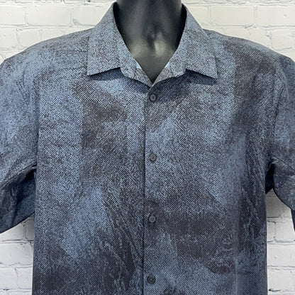 Lululemon Men's Short Sleeve Button-Up Shirt in Blue with Unique Texture and Front View