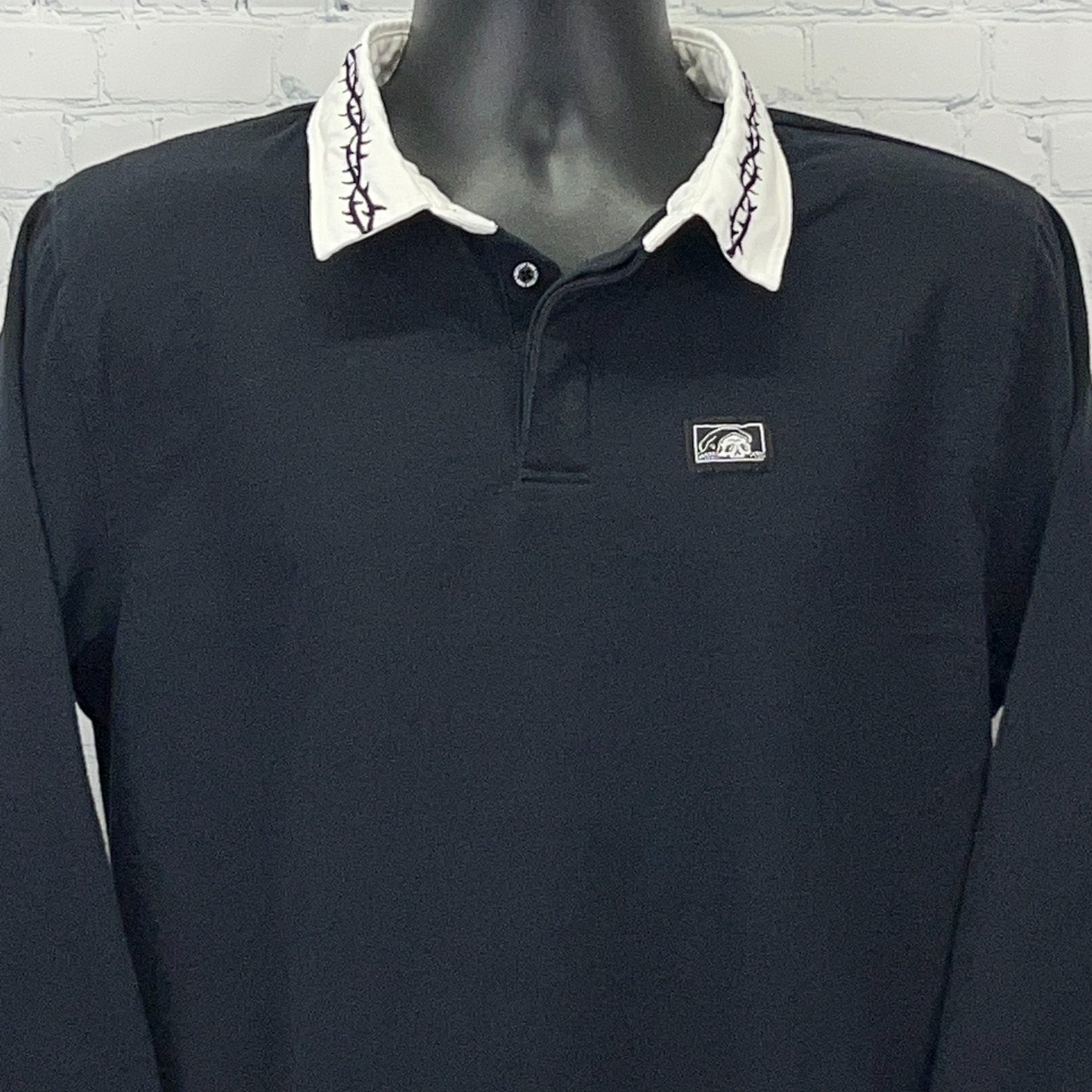 Lurking Class Black Long Sleeve Polo Shirt with Unique White Collar Design and Logo Detail