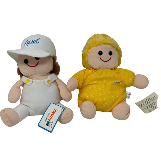 Trudy Lysol plush dolls featuring a boy in white overalls and a girl in a yellow polka-dot dress