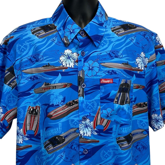 Dixxon Flannel Teague Hawaiian Camp Shirt Mens Large Speed Boats Button Up Blue