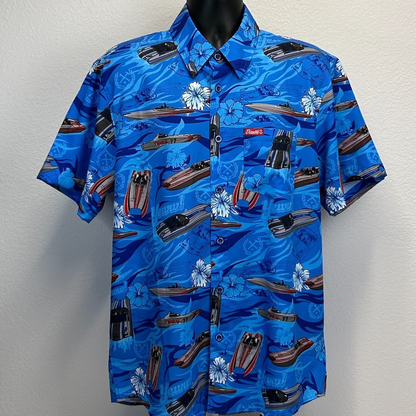 Dixxon Flannel Teague Hawaiian Camp Shirt Mens Large Speed Boats Button Up Blue