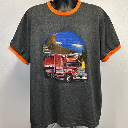 Vintage Big Rig Trucker T Shirt Mens X-Large 18 Wheeler Semi Truck Eagle Gray