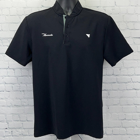 Black Macade Golf polo shirt with short sleeves, three-button placket, and logo on chest