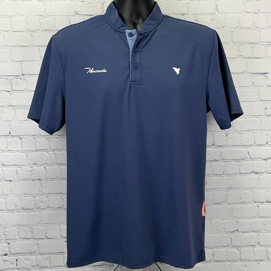 Navy Macade Golf Polo Shirt, Short Sleeve, Front View with Logo and Unique Collar Design