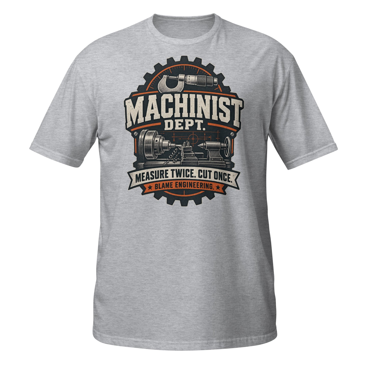 Gray Machinist T-Shirt featuring graphic with tools and slogan on front