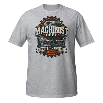 Gray Machinist T-Shirt featuring graphic with tools and slogan on front