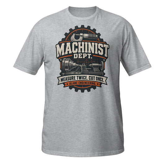 Gray Machinist T-Shirt featuring graphic with tools and slogan on front