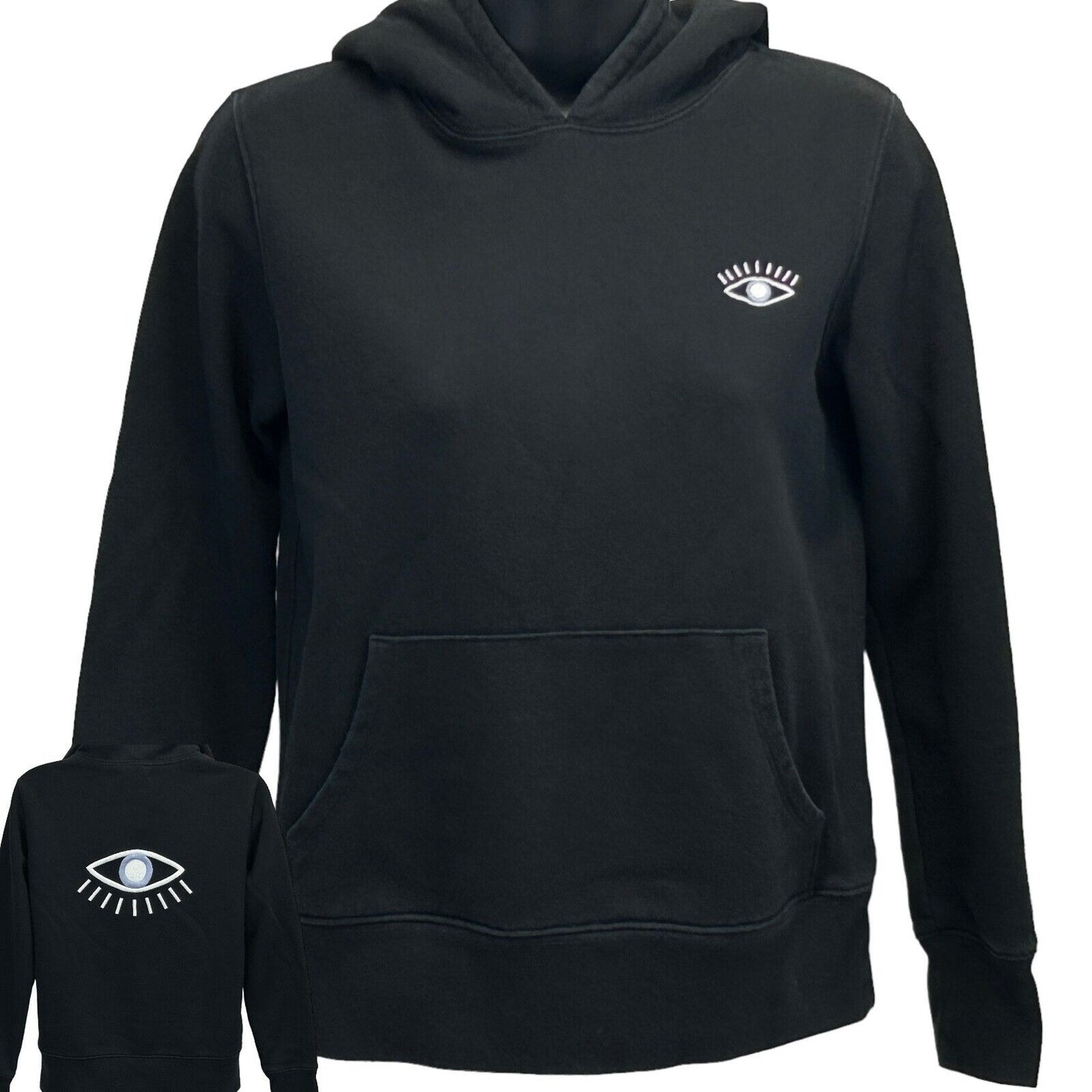 Madewell Black Hoodie featuring a front eye logo with a relaxed fit for casual wear