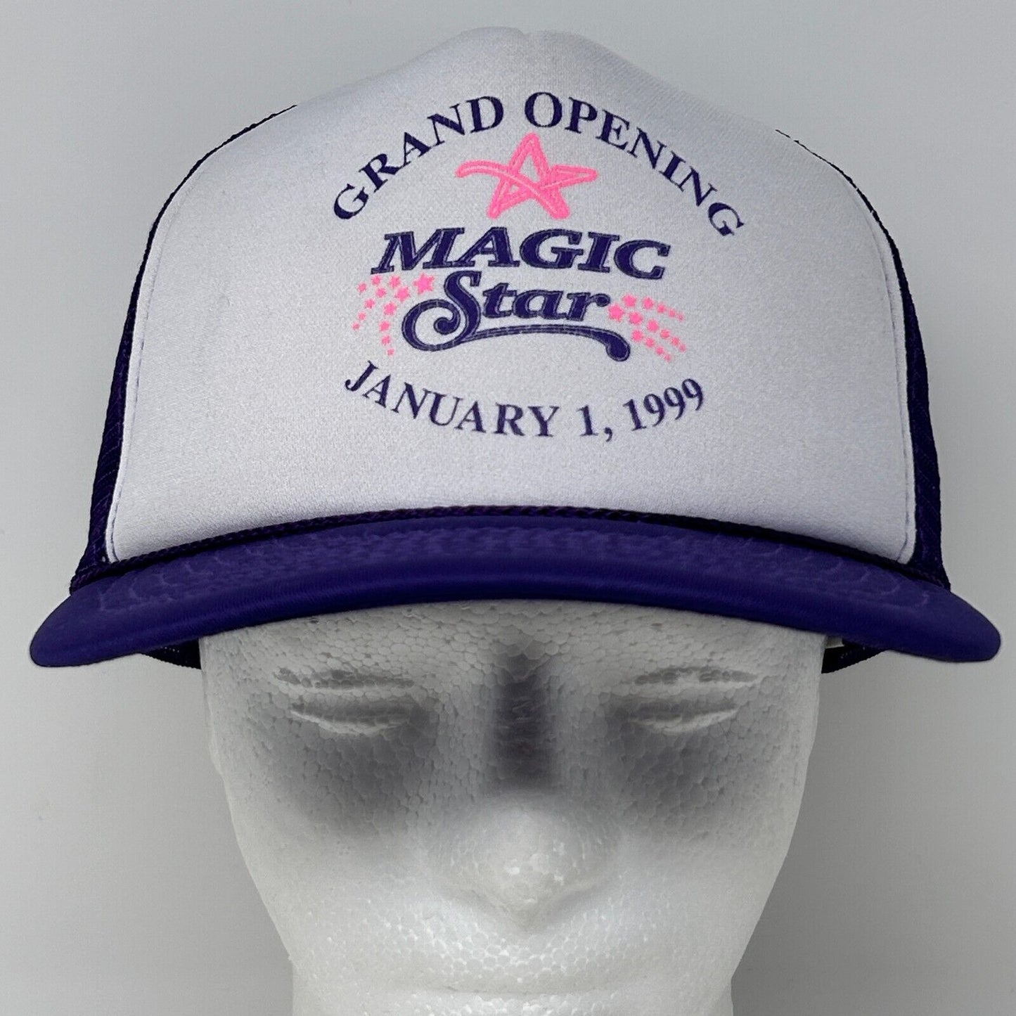 Vintage Magic Star Casino Hat in white and purple with 'Grand Opening January 1, 1999' embroidered on front