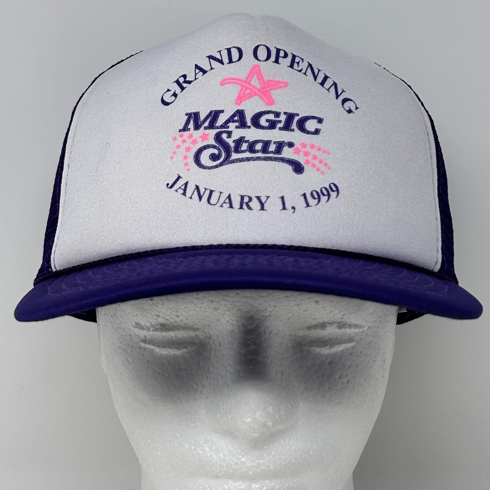 Vintage Magic Star Casino Hat in white and purple with 'Grand Opening January 1, 1999' embroidered on front