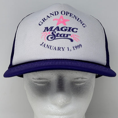 Vintage Magic Star Casino Hat in white and purple with 'Grand Opening January 1, 1999' embroidered on front