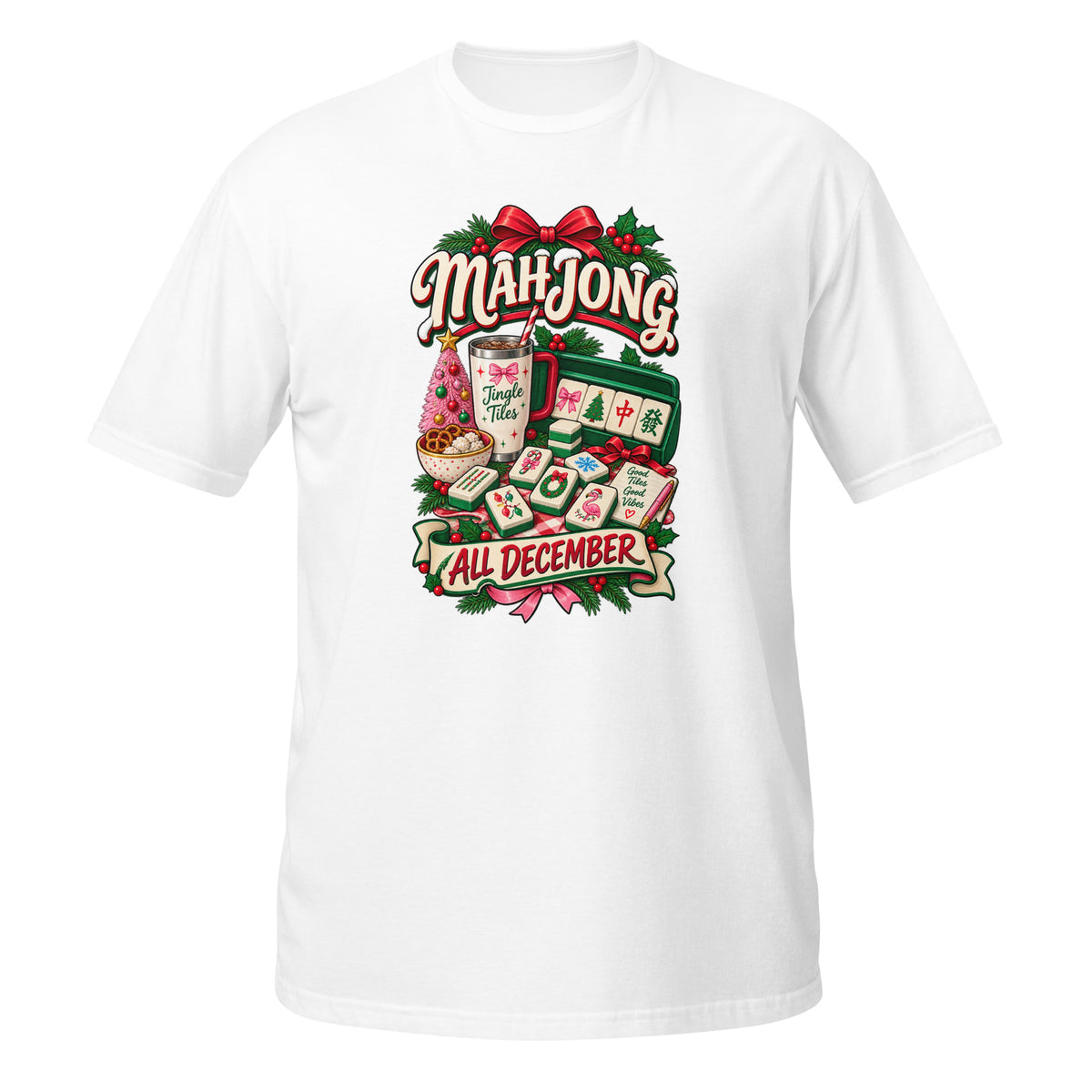 White T-shirt featuring vibrant Mahjong design, front view, size standard, perfect for game enthusiasts.