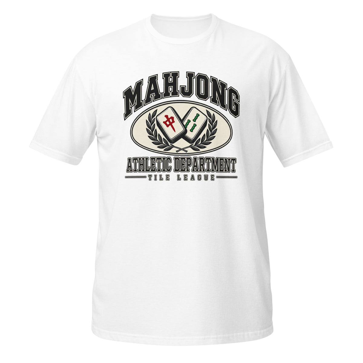 Neonvtg white T-shirt with Mahjong graphic and athletic department design