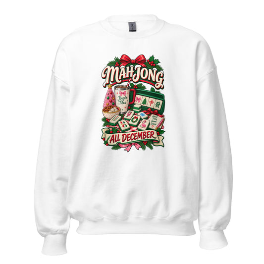 White sweatshirt featuring colorful Mahjong graphic with festive design for December celebrations