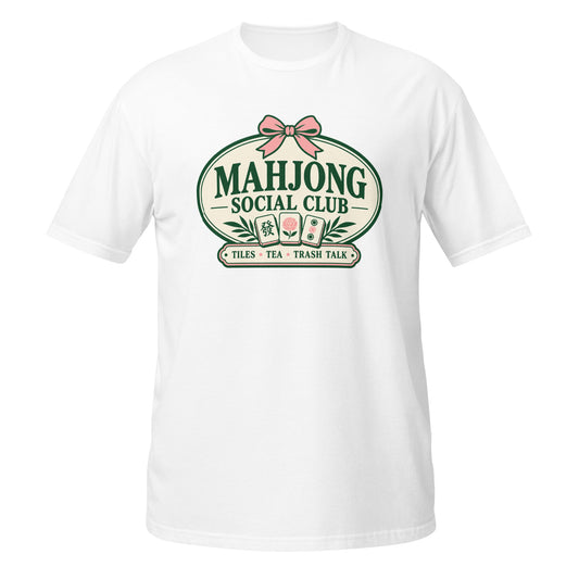 Neonvtg Mahjong T-shirt in white with a playful social club graphic, perfect for game lovers