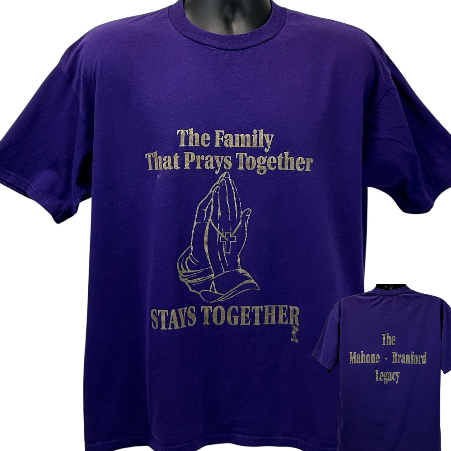 Purple Vintage T-Shirt with 'The Family That Prays Together Stays Together' and praying hands graphic