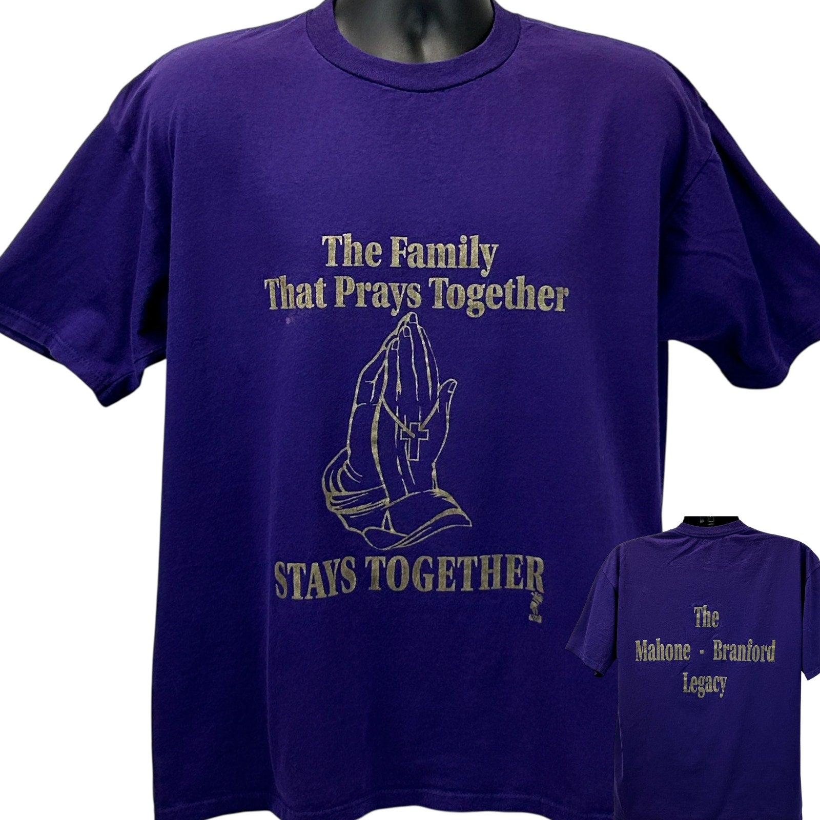 Purple Vintage T-Shirt with 'The Family That Prays Together Stays Together' and praying hands graphic