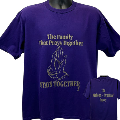 Purple Vintage T-Shirt with 'The Family That Prays Together Stays Together' and praying hands graphic