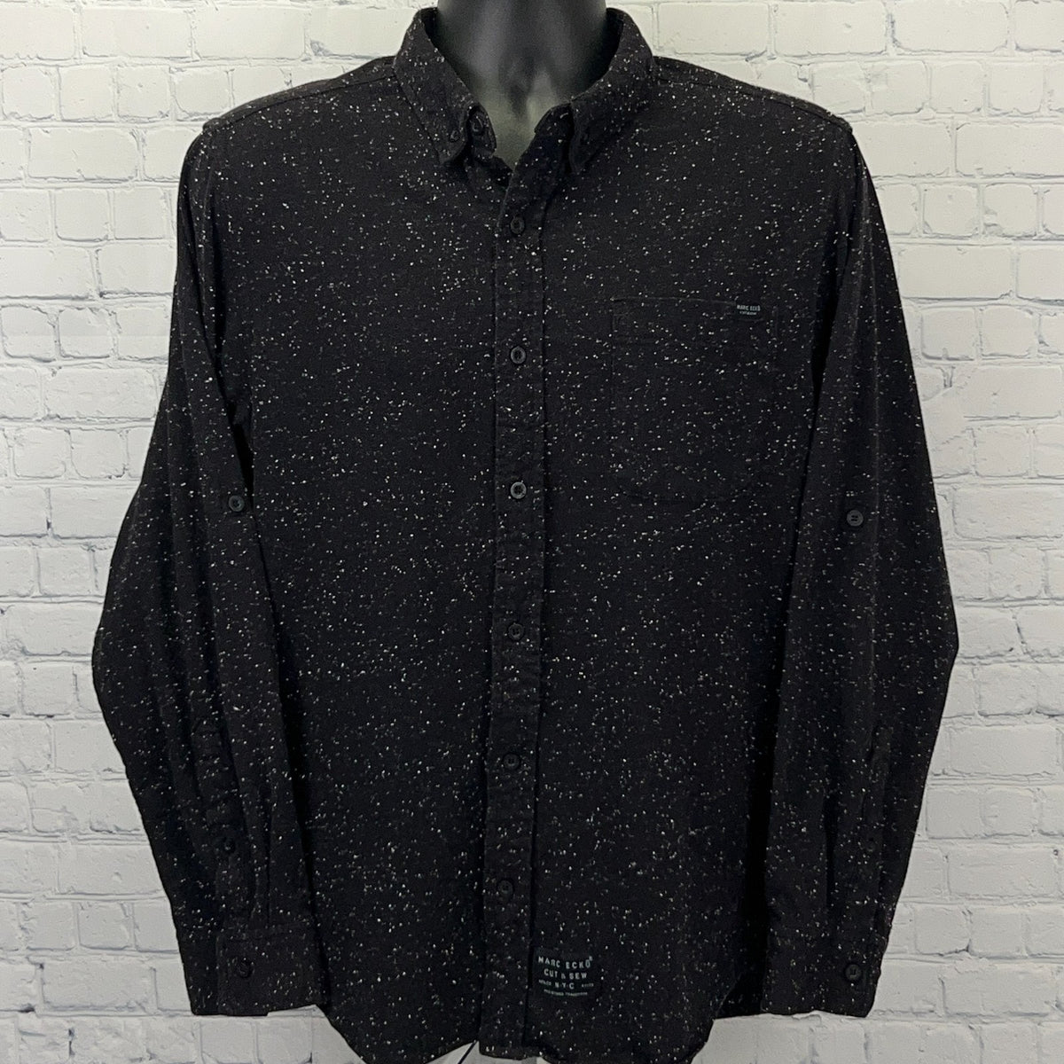Ecko Unltd. Black Long Sleeve Button-Up Shirt with Speckled Print and Marc Ecko Logo on the Pocket