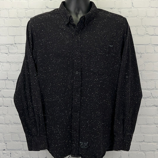 Ecko Unltd. Black Long Sleeve Button-Up Shirt with Speckled Print and Marc Ecko Logo on the Pocket