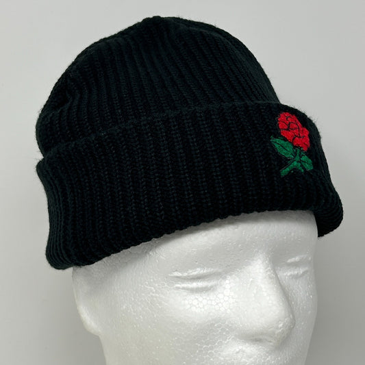 Market Studios Beanie in black with a red rose embroidery on the front for a stylish look