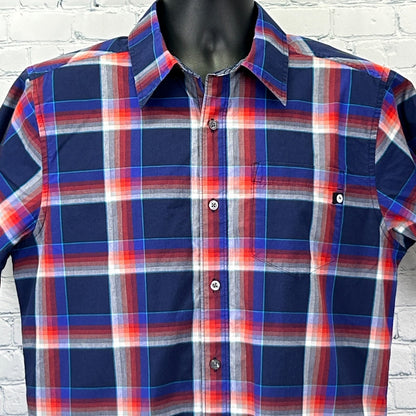 Marmot Shirt in navy and red plaid, size medium, front view with logo on chest pocket