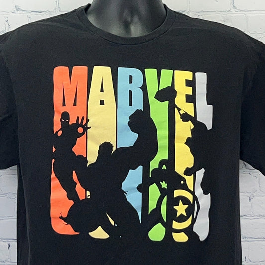 Black Marvel Comics T-shirt featuring iconic superhero silhouettes in colorful retro design