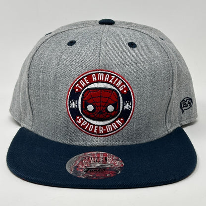 Gray Funko Spider Man Hat with embroidered logo, adjustable size, front view showcasing Spider Man details