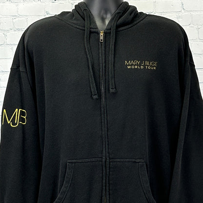 Black Mary J Blige Hoodie with gold logo and zip front, featuring a relaxed fit for casual wear