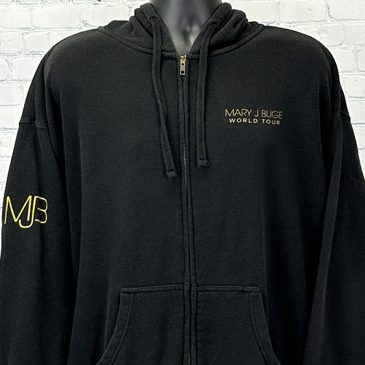 Black Mary J Blige Hoodie with gold logo and zip front, featuring a relaxed fit for casual wear