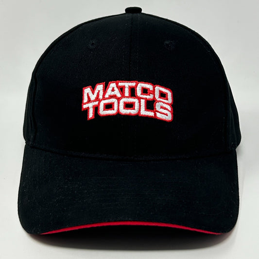 Black Matco Tools cap with red logo, adjustable fit, front view showcasing embroidered details