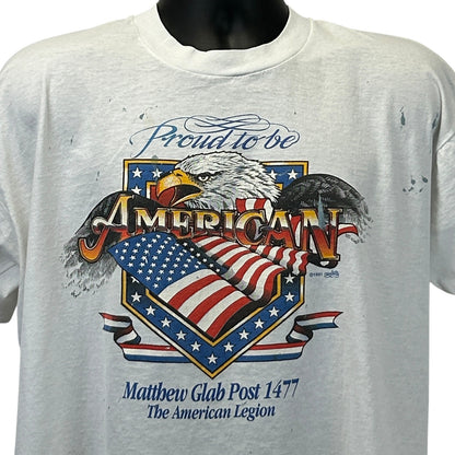 Front view of a vintage American Legion T-Shirt in white with eagle and flag design, size large
