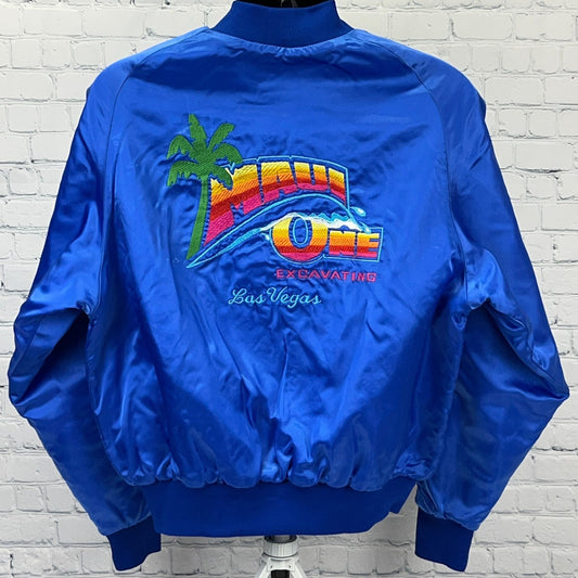 The Jacket Factory Blue Satin Bomber Jacket with Maui One Excavating Logo and Vintage Style