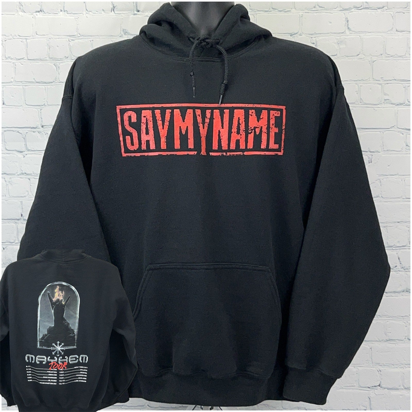 Gildan black hoodie with SAYMYNAME logo on the front and Mayhem 2023 graphic on the back