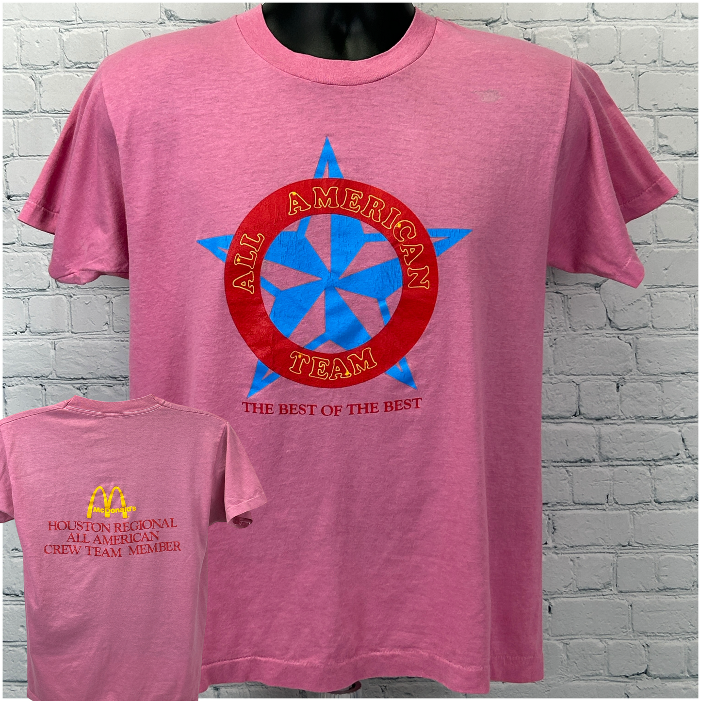 Pink McDonalds All American Team T-Shirt, front view, featuring logo and crew member detail