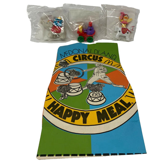 McDonalds Circus Happy Meal Box with Colorful Design, Plastic Toy Figures in Original Packaging